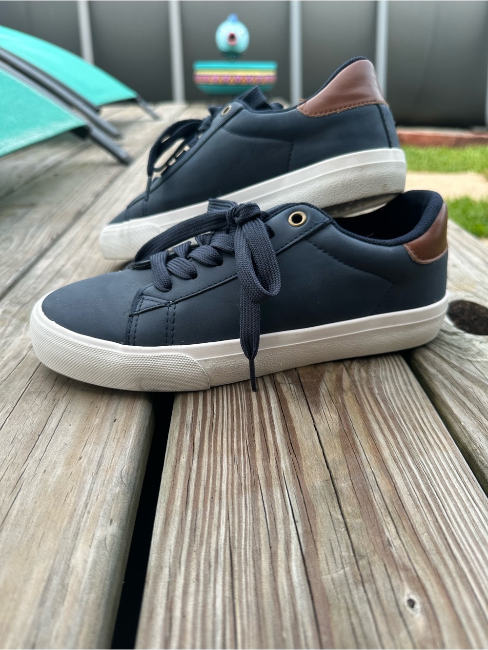 Boys Casual Navy Leather-Trim Sneakers